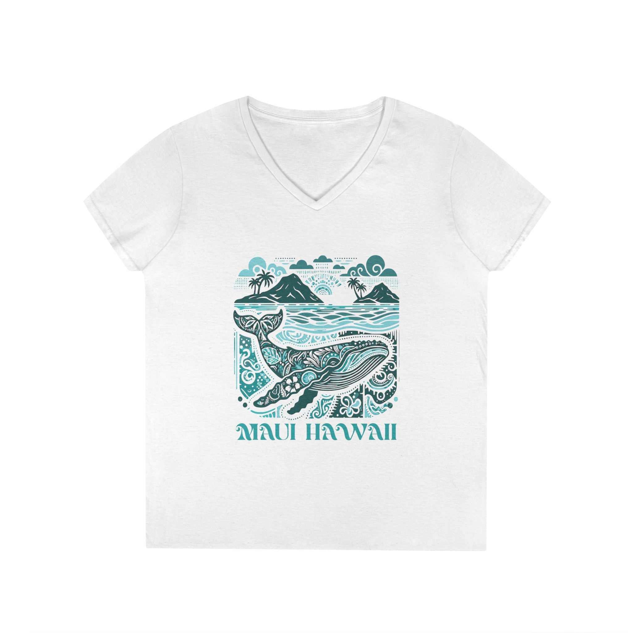 Maui Hawaii Whale V-Neck T-Shirt w/ blue & green gradient print