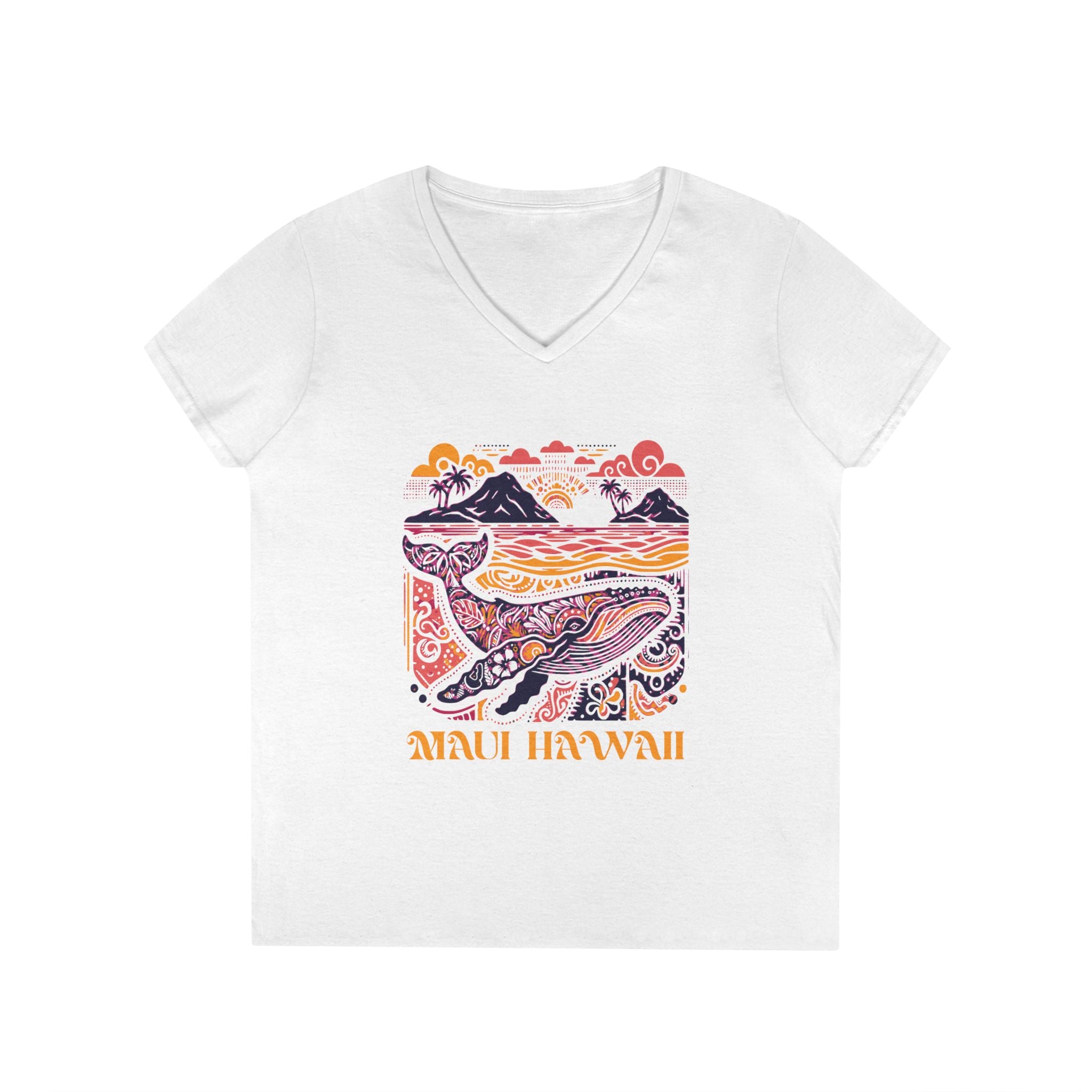 Maui Hawaii Whale V-Neck T-Shirt w/ pink & orange gradient