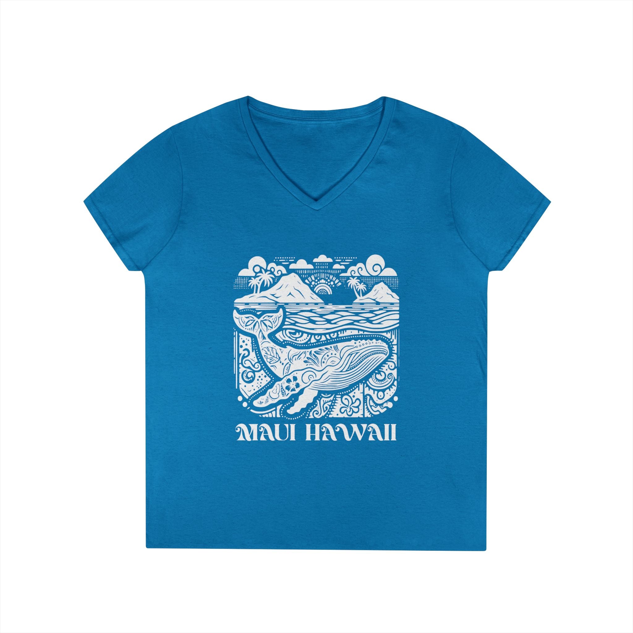 Maui Hawaii Whales V-Neck T-Shirt w/white print