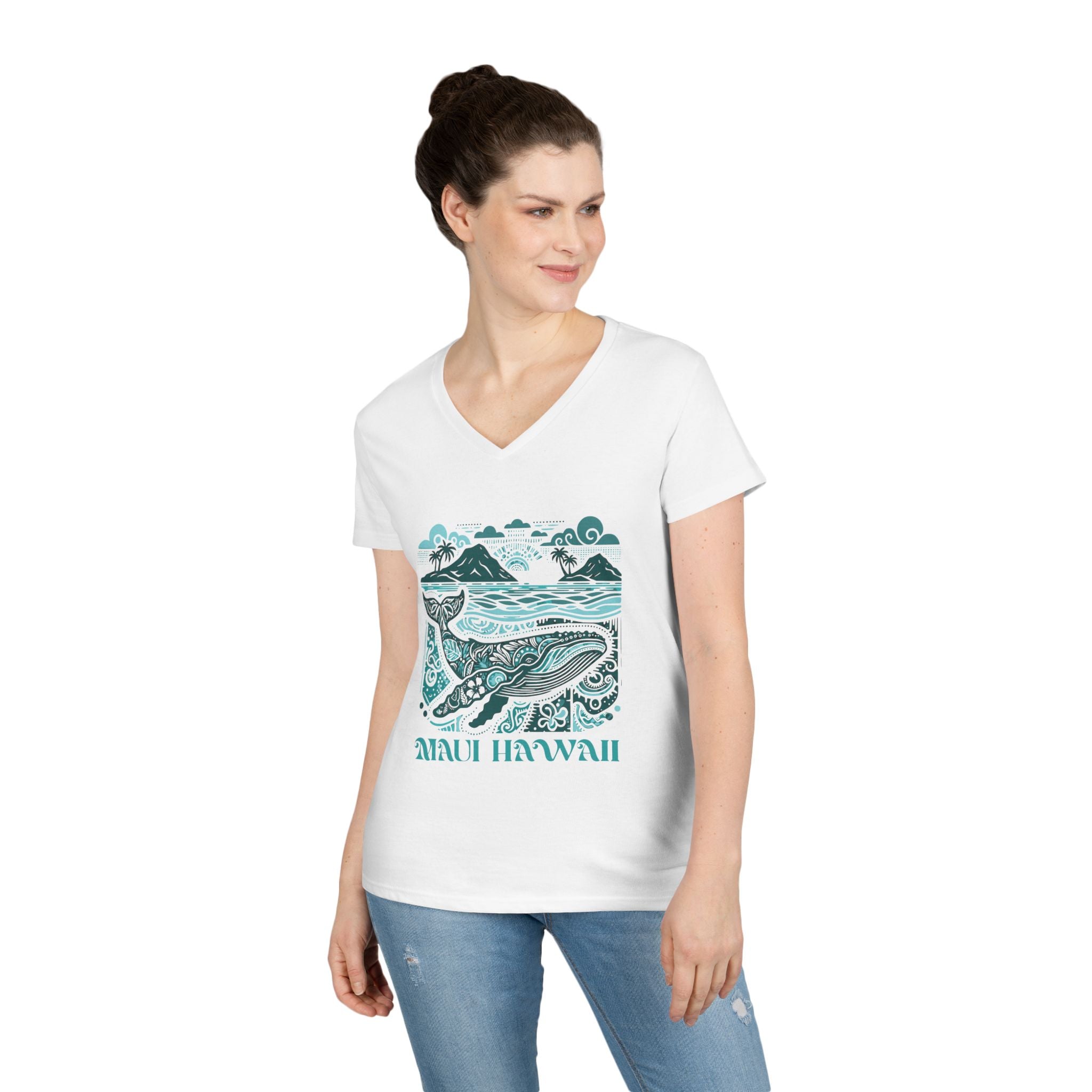 Maui Hawaii Whale V-Neck T-Shirt w/ blue & green gradient print