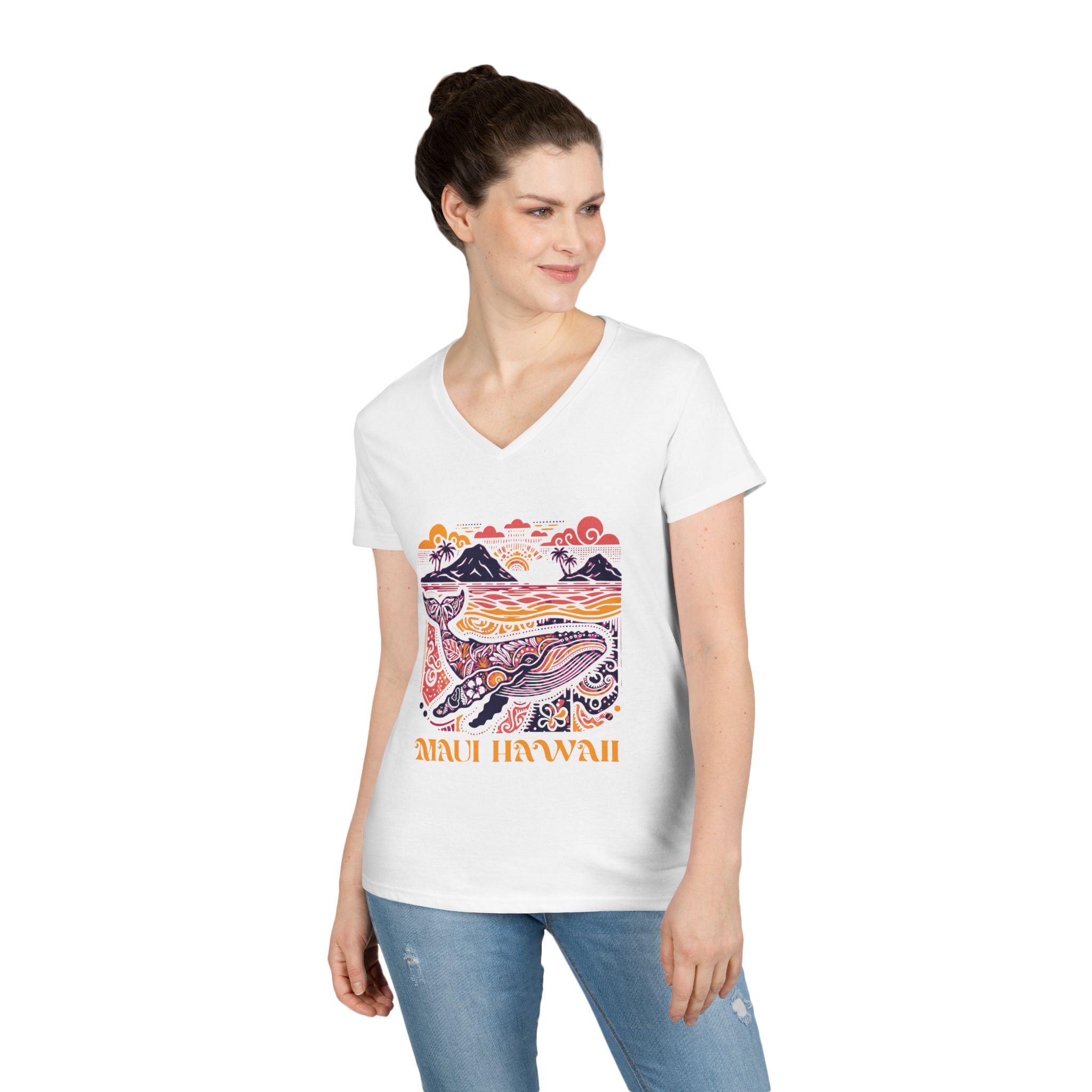 Maui Hawaii Whale V-Neck T-Shirt w/ pink & orange gradient