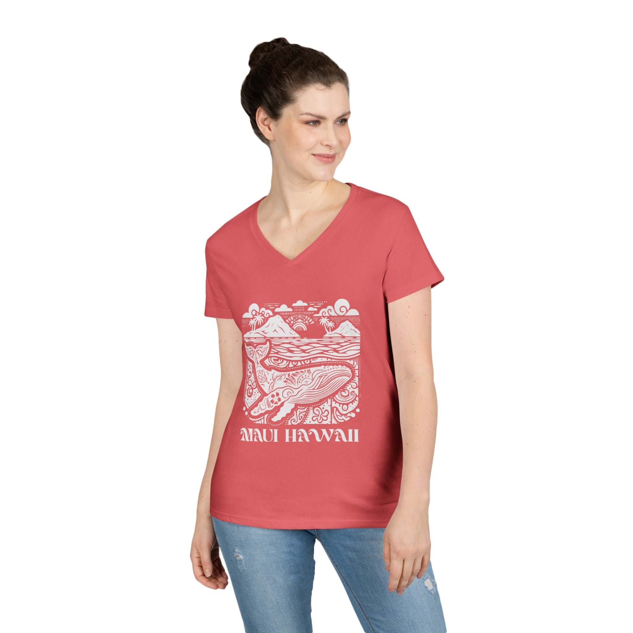 Maui Hawaii Whales V-Neck T-Shirt w/white print