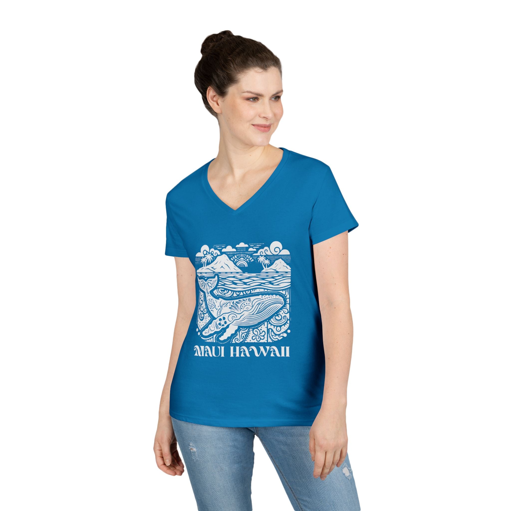 Maui Hawaii Whales V-Neck T-Shirt w/white print